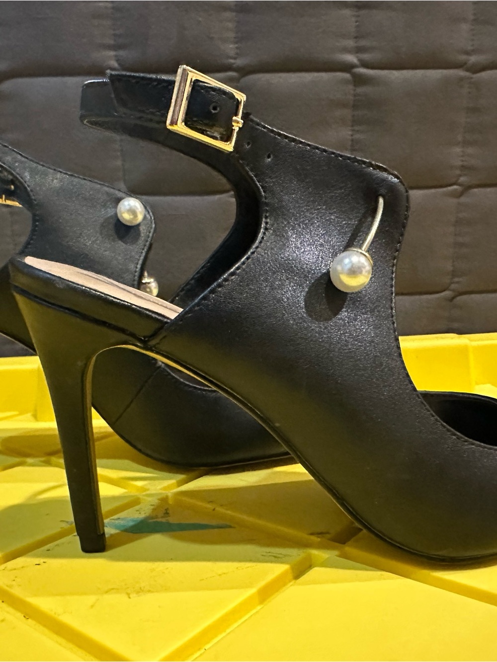 Expressions Black Heeled Sandals with Pearl Accent and Gold Buckle